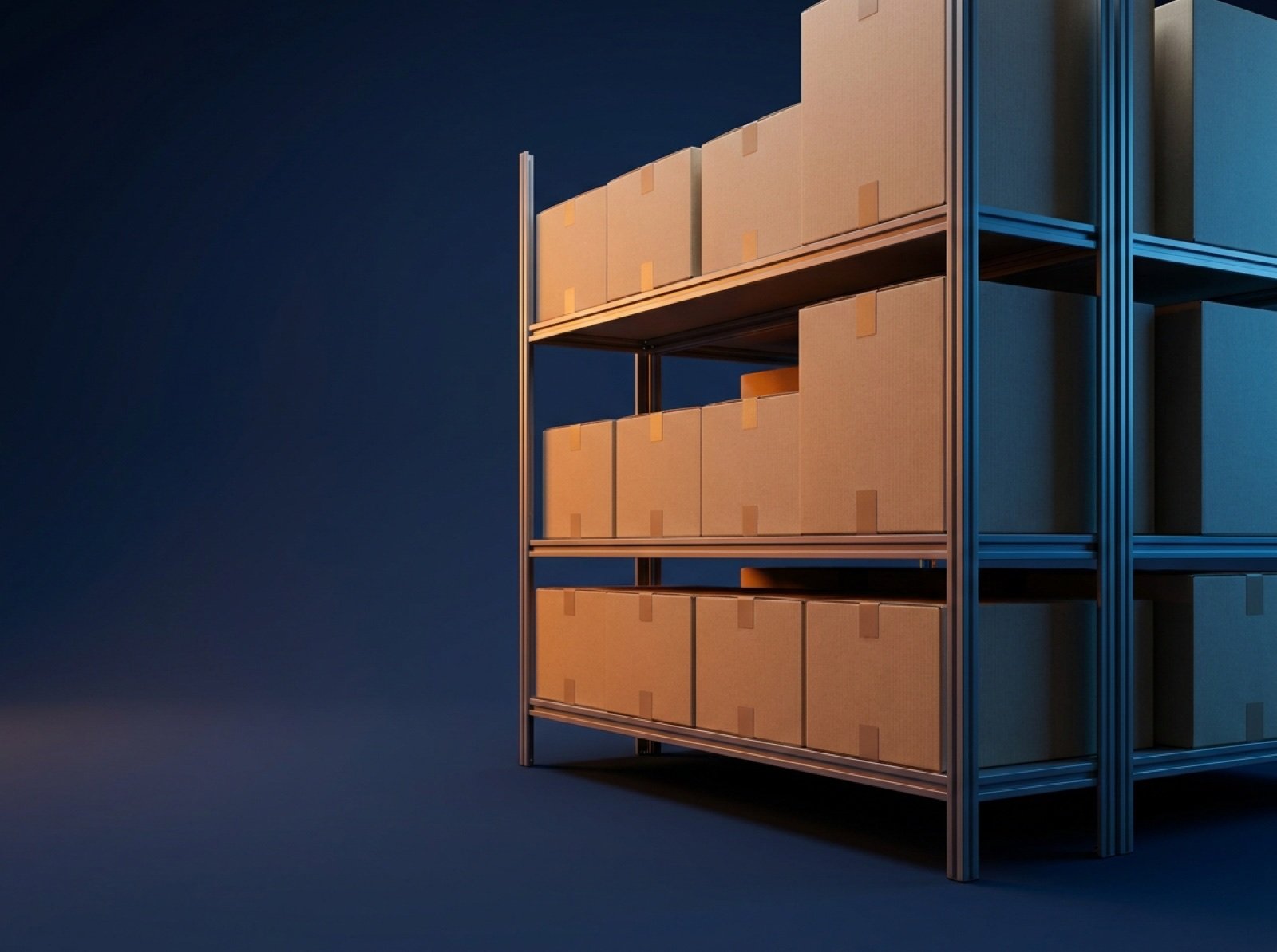 Sealed cartons on warehouse shelving